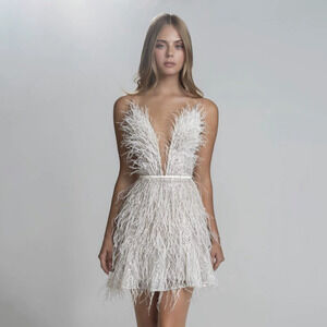 ZARA Autumn Winter Sexy Backless Party Dress Fitted Deep V Feather Strap